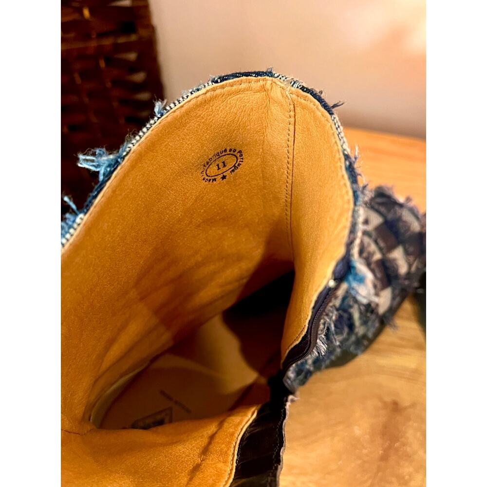 John Fluevog Twirl Denim Checkerboard Patchwork Vegan Platform Boots in Sz W 11 - Picture 6 of 7